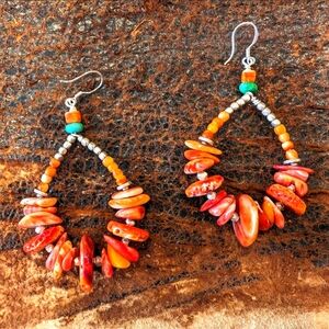 Orange Spiny Oyster Turquoise Sterling Silver Hoop Drop Earrings HM OAK